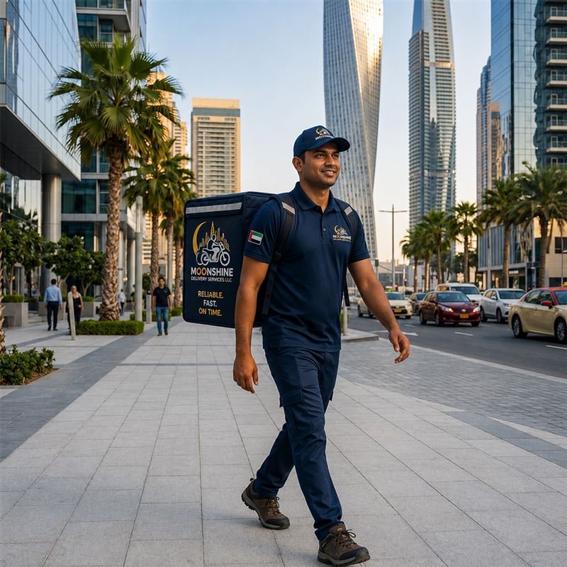 Professional walker making a pedestrian delivery in Dubai
